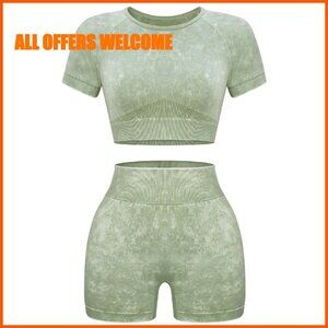 Seamless Acid Wash Workout Set - Crop Top & High-Waist Shorts - 4-Way Stretch
